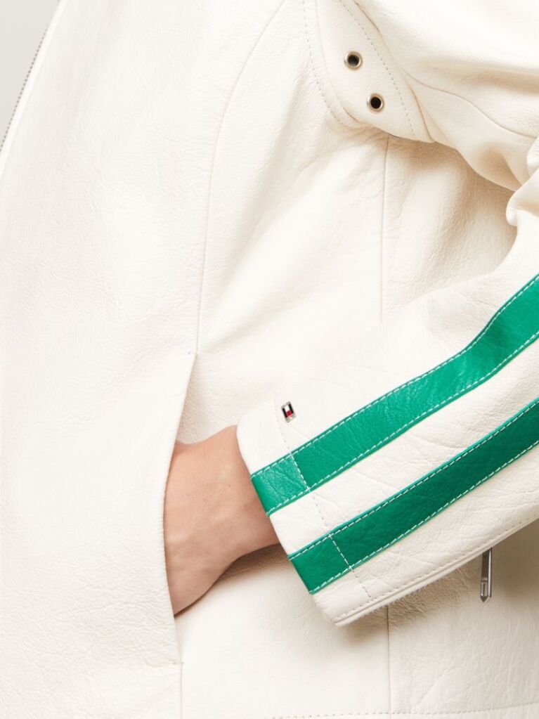 Alb Jacheta Bomber Slim Din Piele Cu Logo In Spate   Femei