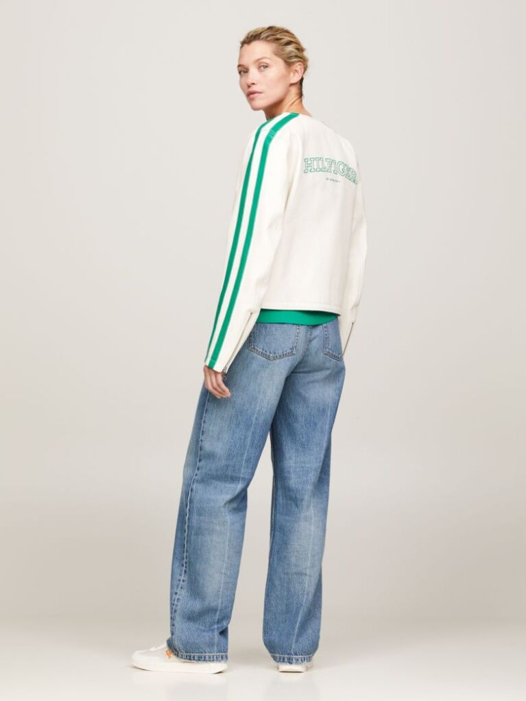 Alb Jacheta Bomber Slim Din Piele Cu Logo In Spate   Femei
