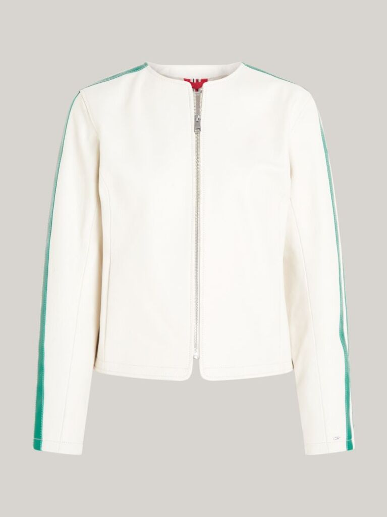 Alb Jacheta Bomber Slim Din Piele Cu Logo In Spate   Femei