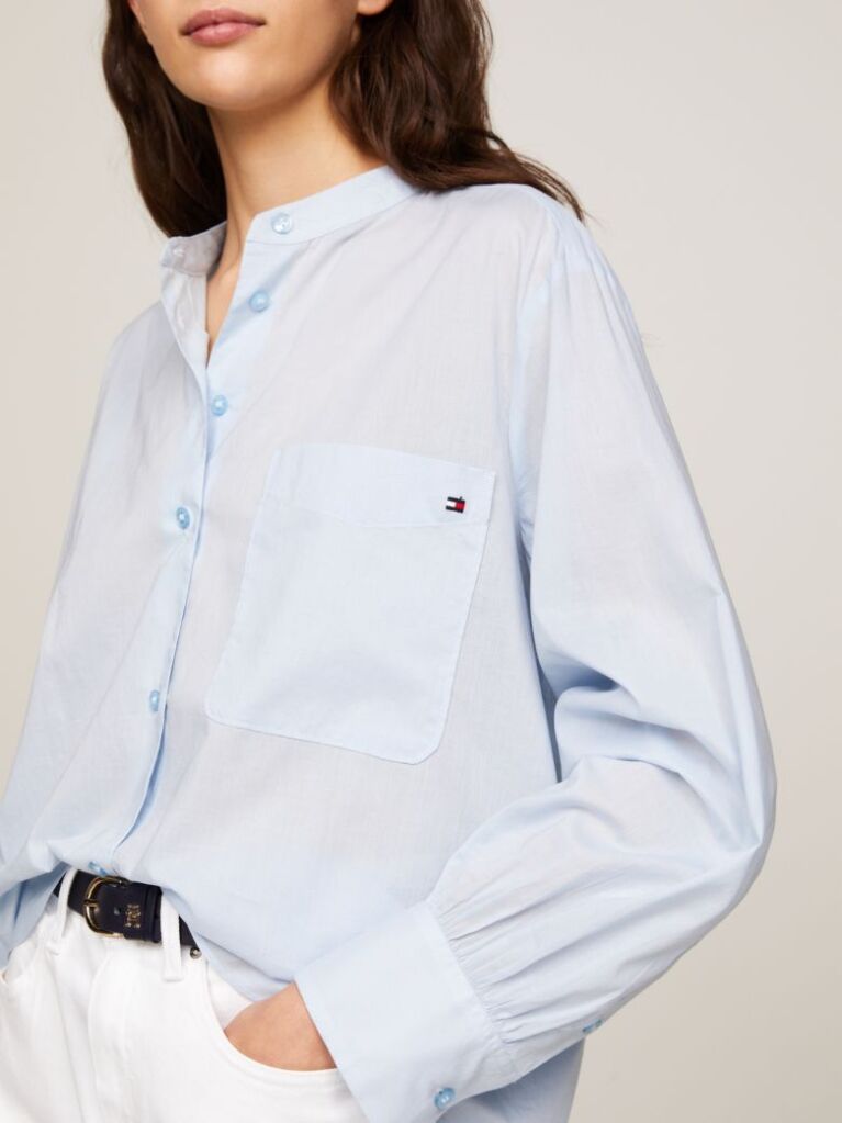 Blue Grandad Collar Oversized Voile Shirt  Women