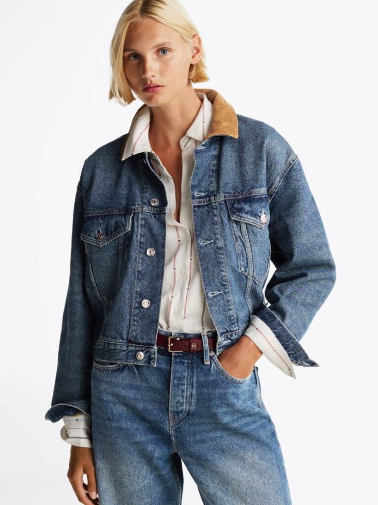 Blue Jacheta Din Denim Cu Guler Contrastant  Femei