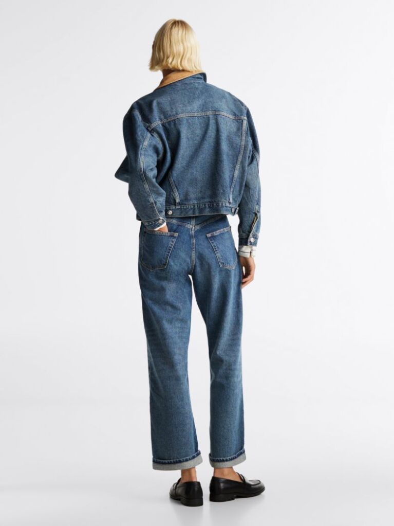 Blue Jacheta Din Denim Cu Guler Contrastant  Femei