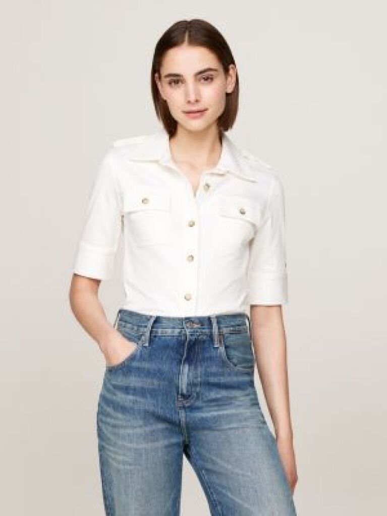 Alb Camasa Utility Regular Fit Cu Maneci Scurte  Femei