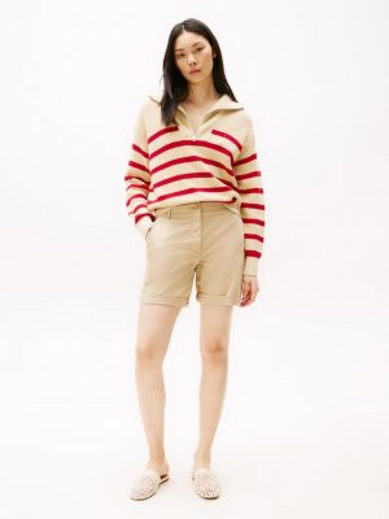 Beige Garment Dyed Turn-Up Mom Chino Shorts  Women