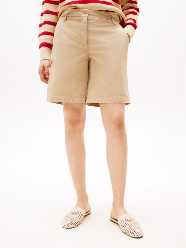 Beige Garment Dyed Turn-Up Mom Chino Shorts  Women
