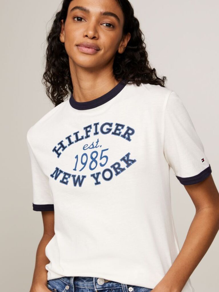 White Varsity Logo Contrast Trim T-Shirt  Women