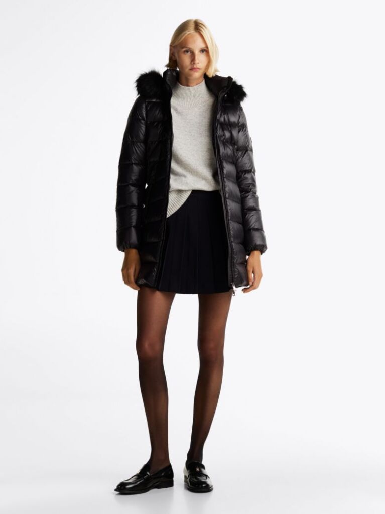 Negru Palton Puffer Cu Gluga Lucioasa Umplut Cu Puf  Femei