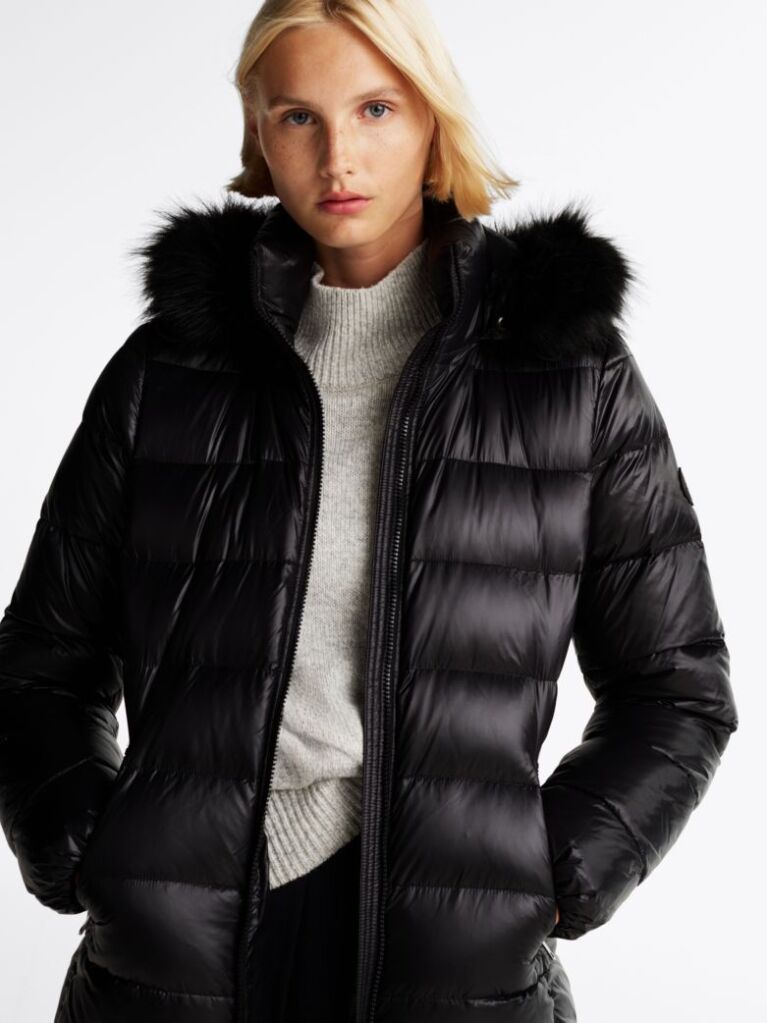 Negru Palton Puffer Cu Gluga Lucioasa Umplut Cu Puf  Femei