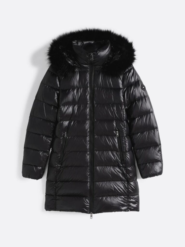 Negru Palton Puffer Cu Gluga Lucioasa Umplut Cu Puf  Femei