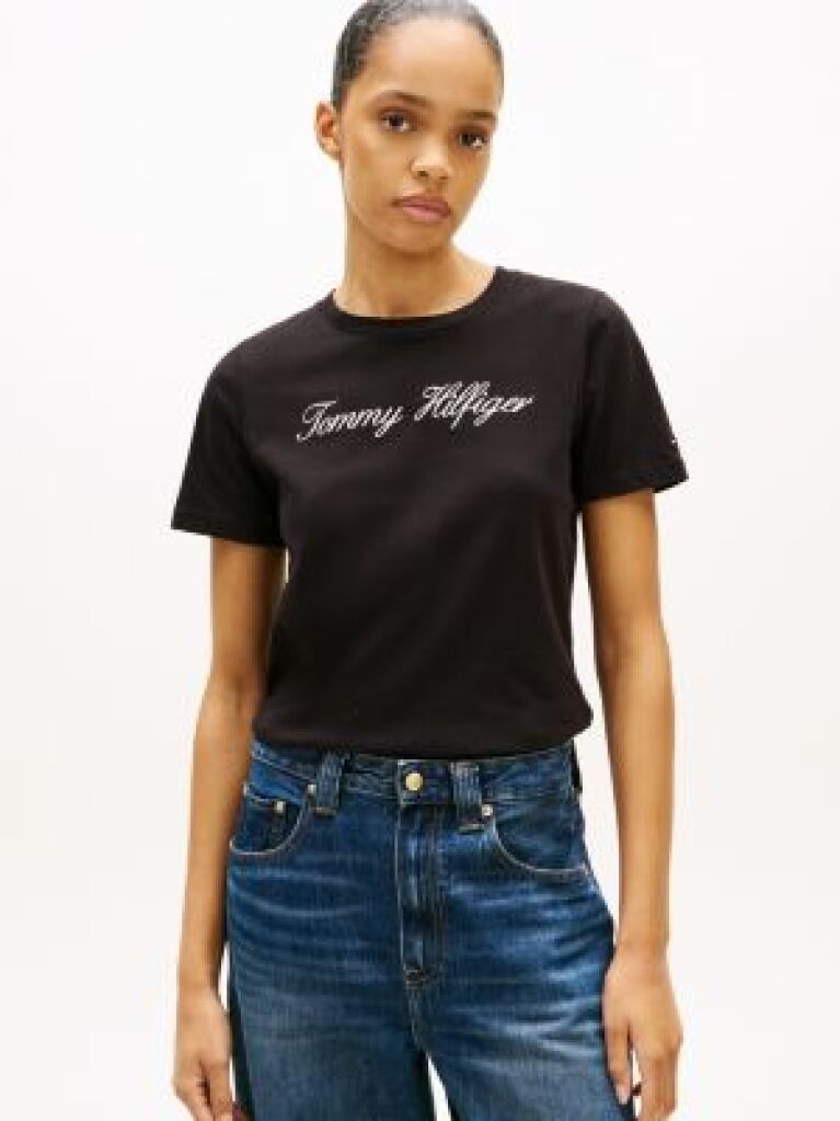 Negru Tricou Regular Cu Guler Crew  Femei