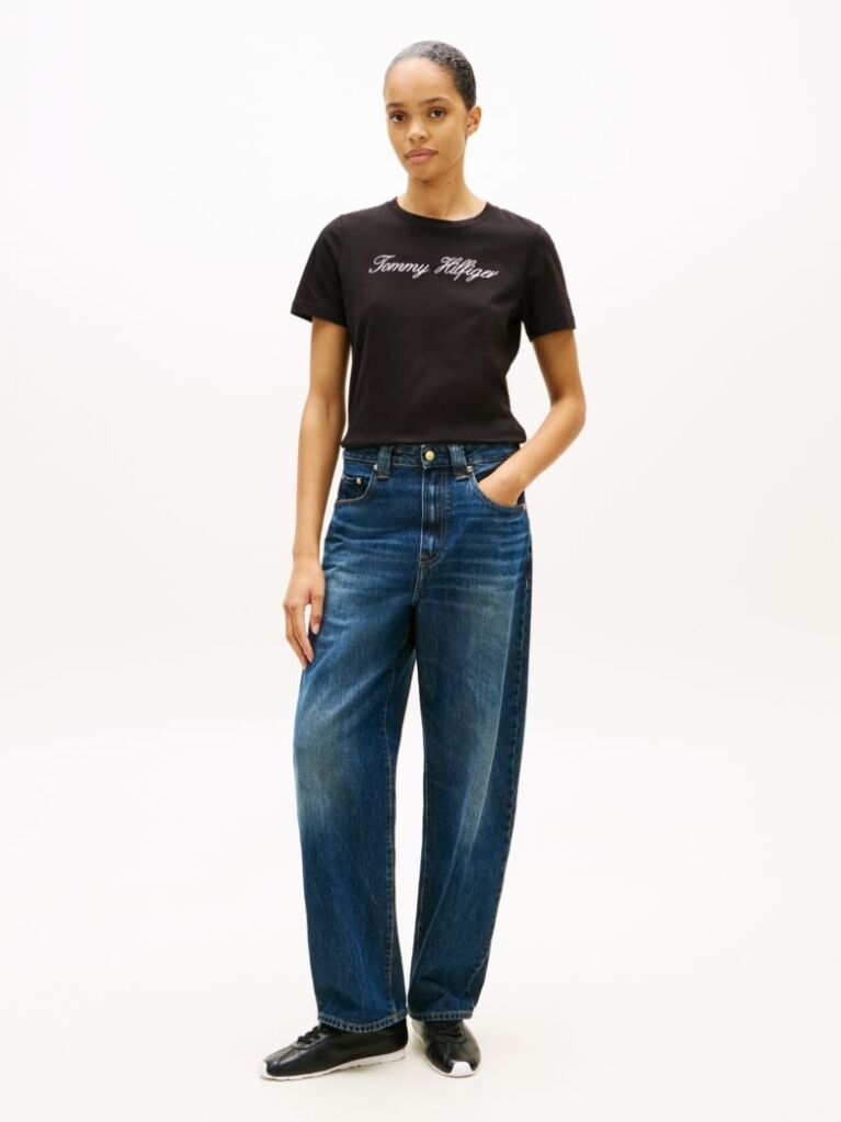 Negru Tricou Regular Cu Guler Crew  Femei