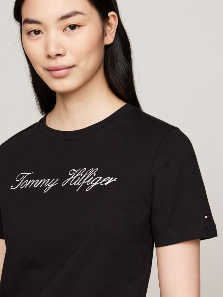 Negru Tricou Regular Cu Guler Crew  Femei