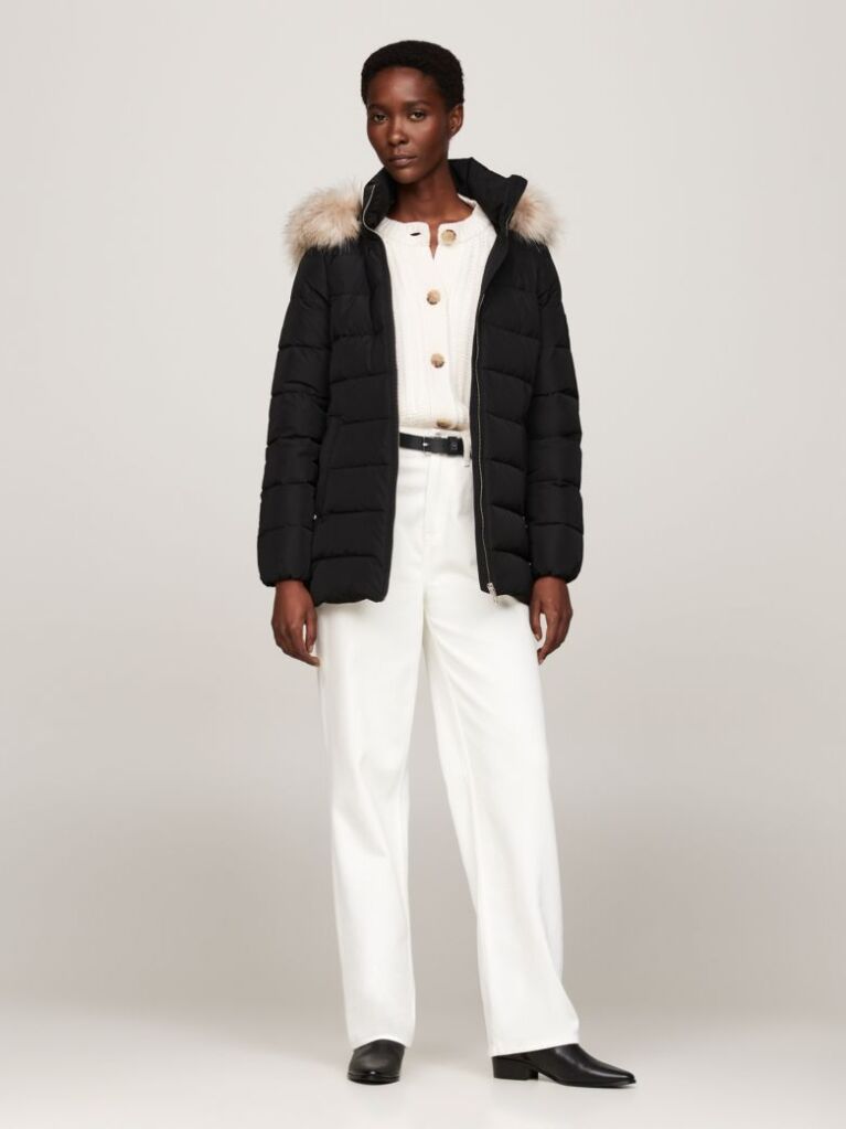 Black Faux Fur Hooded Down Jacket  Women