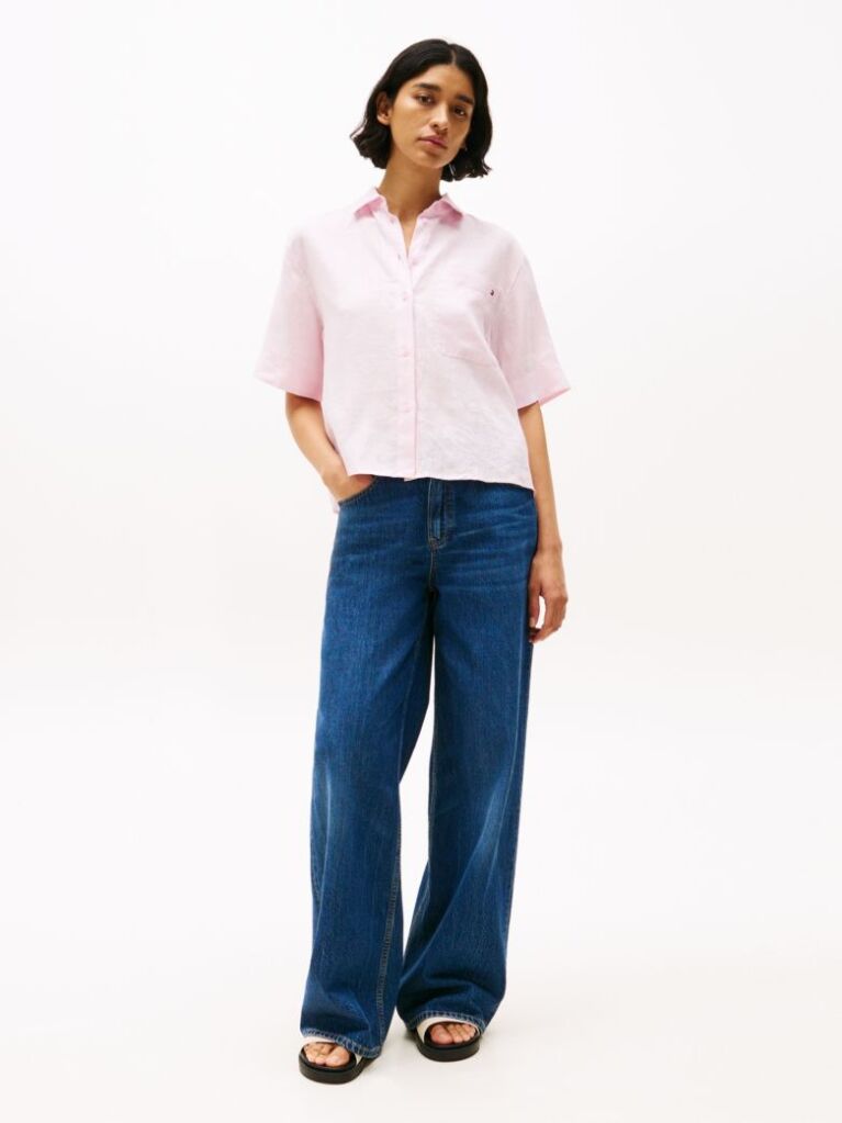 Pink Relaxed Fit Short Sleeve Linen Shirt  Women