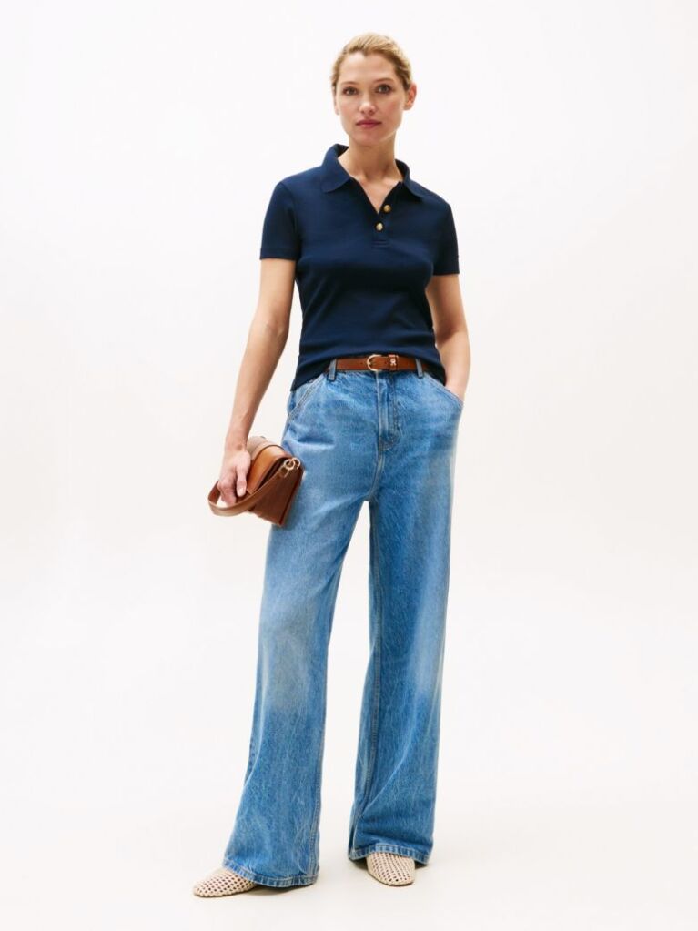Blue Gold-Tone Button Slim Polo Shirt  Women