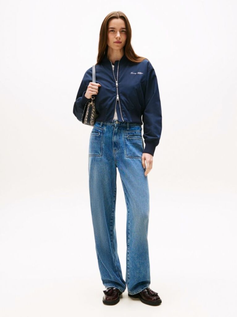 Blue Water Repellent Relaxed Short Bomber Jacket  Women