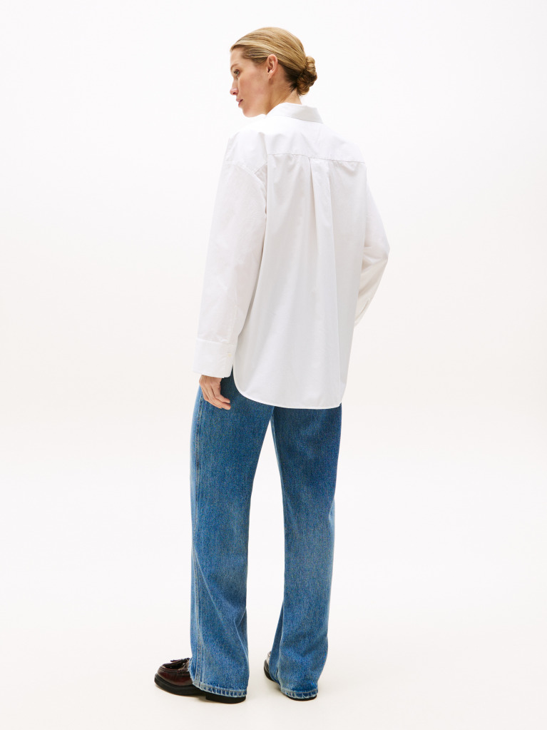 White Oversized Fit Adjustable Cuffs Poplin Shirt  Women