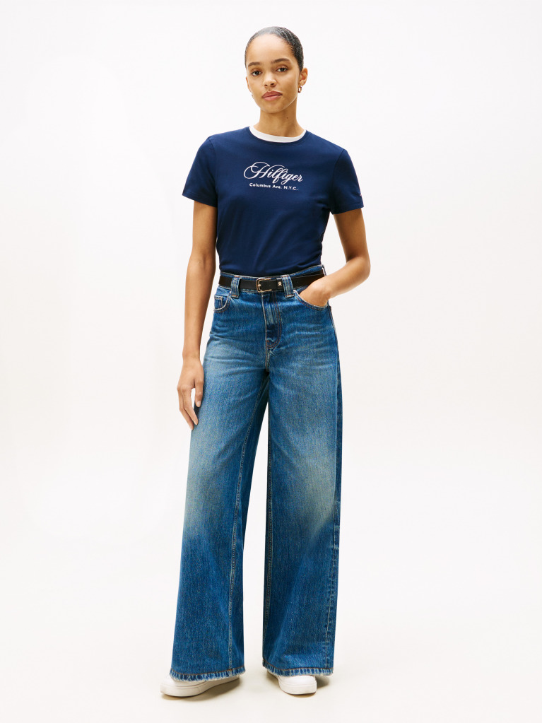 Blue Tricou Cu Guler Rotund Si Broderie Logo  Femei