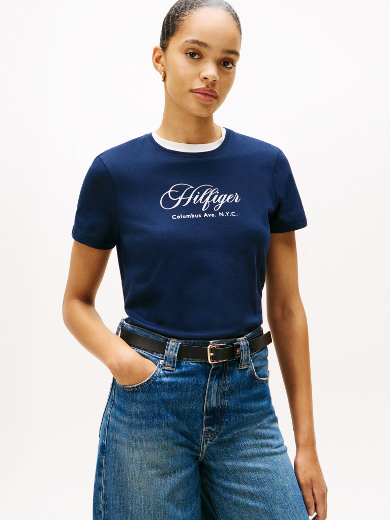 Blue Tricou Cu Guler Rotund Si Broderie Logo  Femei