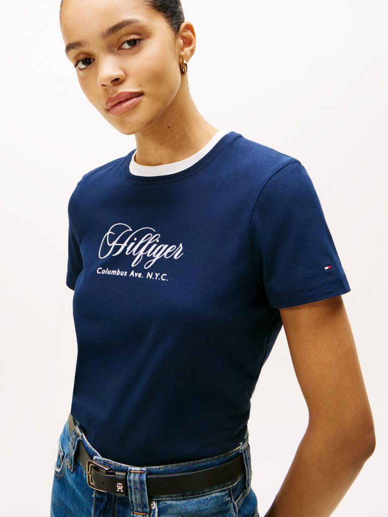 Blue Tricou Cu Guler Rotund Si Broderie Logo  Femei