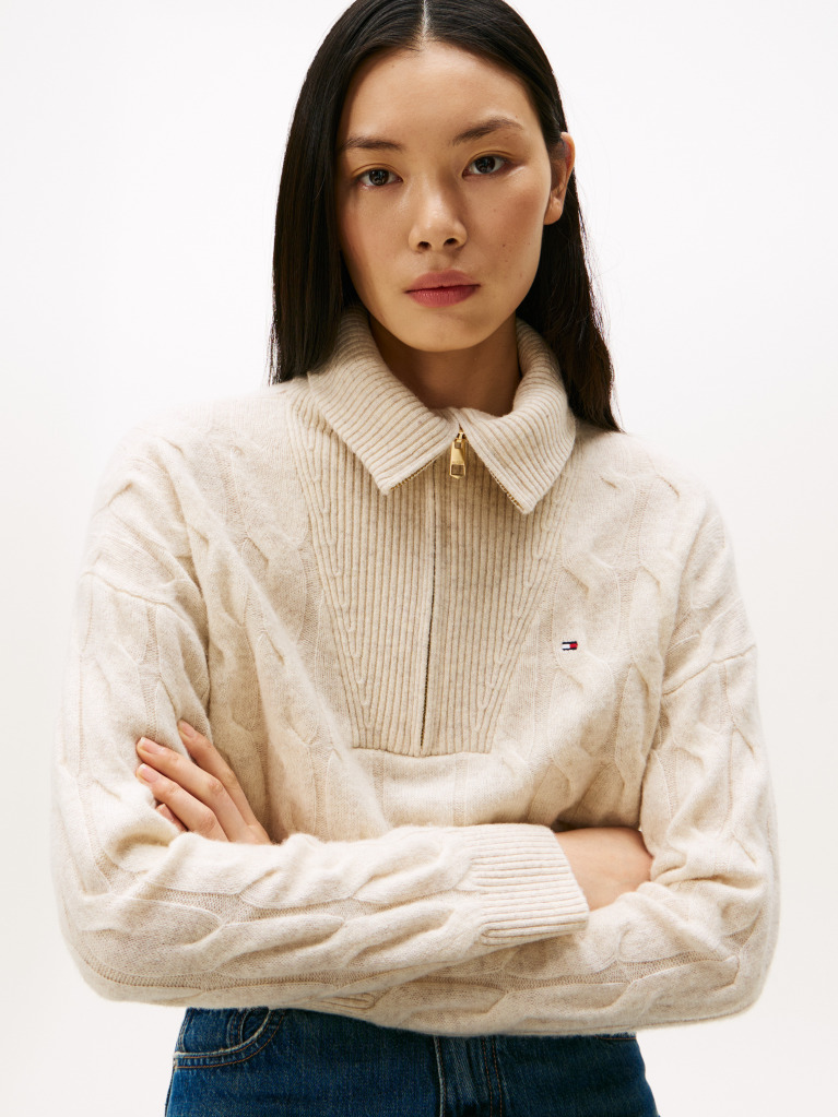 Beige Half-Zip Cable Knit Soft Wool Jumper  Women