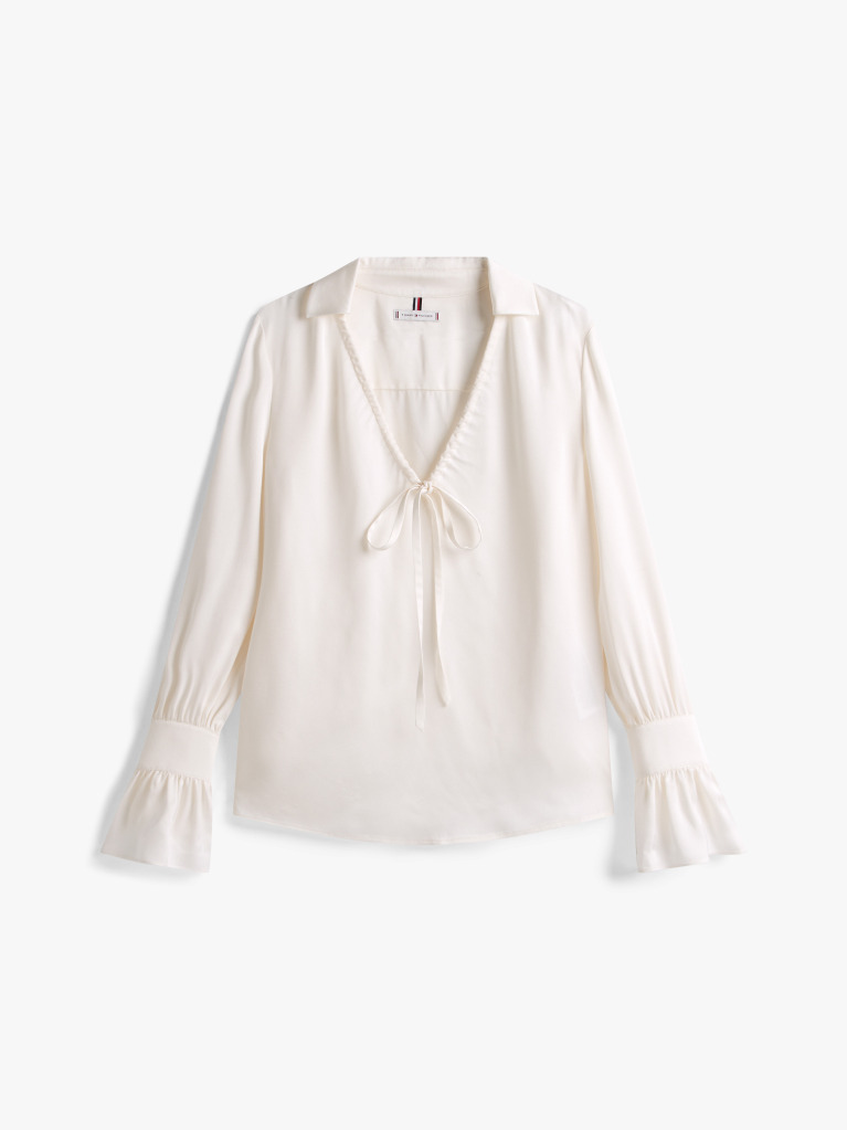 Beige Sateen Ruffle Cuff Relaxed Fit Blouse  Women