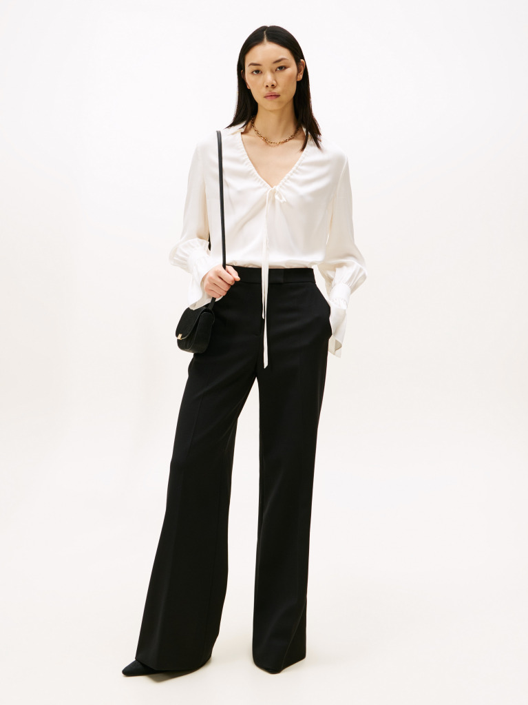 Beige Sateen Ruffle Cuff Relaxed Fit Blouse  Women