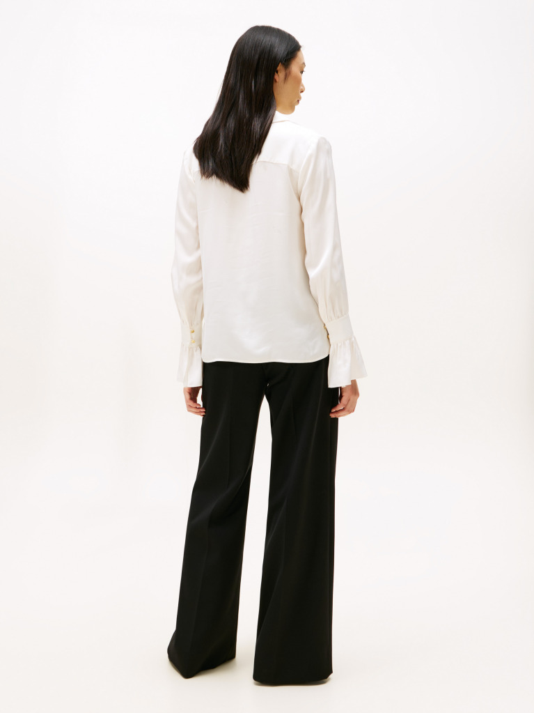 Beige Sateen Ruffle Cuff Relaxed Fit Blouse  Women