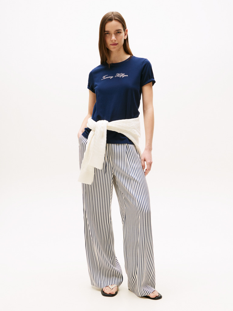 Blue Tricou Cu Guler Rotund Si Broderie Cu Logo  Femei