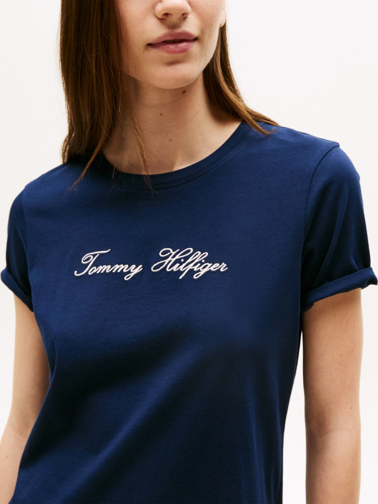 Blue Tricou Cu Guler Rotund Si Broderie Cu Logo  Femei
