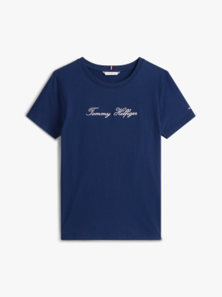 Blue Tricou Cu Guler Rotund Si Broderie Cu Logo  Femei