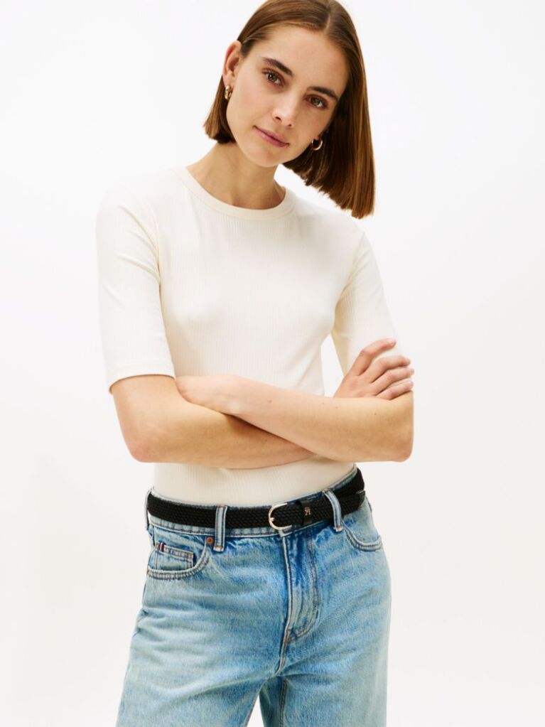 Bej Bluza Cu Maneci Scurte Ribbed  Femei