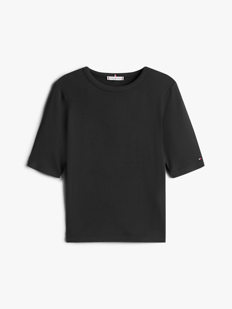 Negru Bluza Cu Maneci Scurte Ribbed  Femei