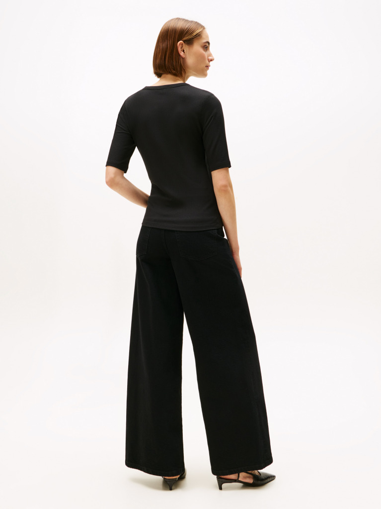 Negru Bluza Cu Maneci Scurte Ribbed  Femei