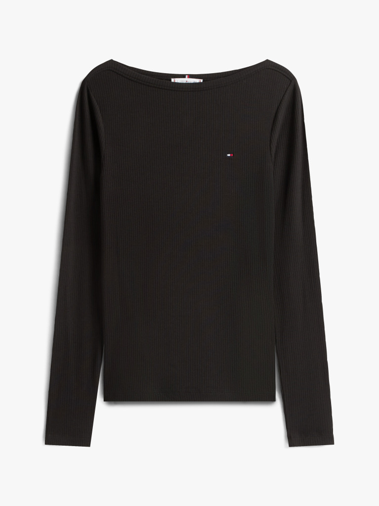Black Ribbed Slim Boat Neck T-Shirt  Women