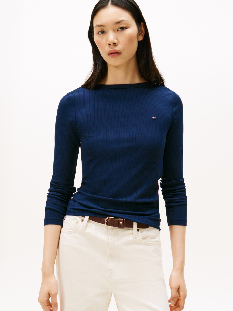 Blue Tricou Slim Cu Guler Boat  Femei