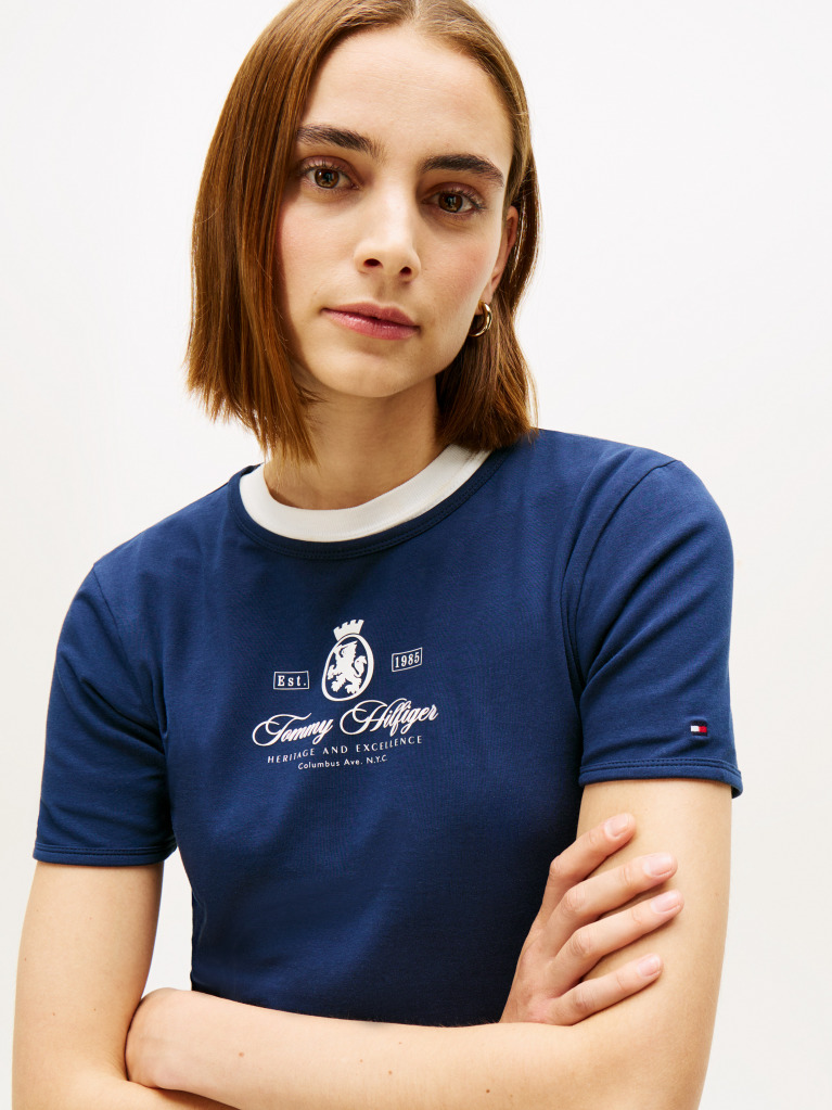 Blue Varsity Crest Slim Tricou Cu Maneca Scurta  Femei