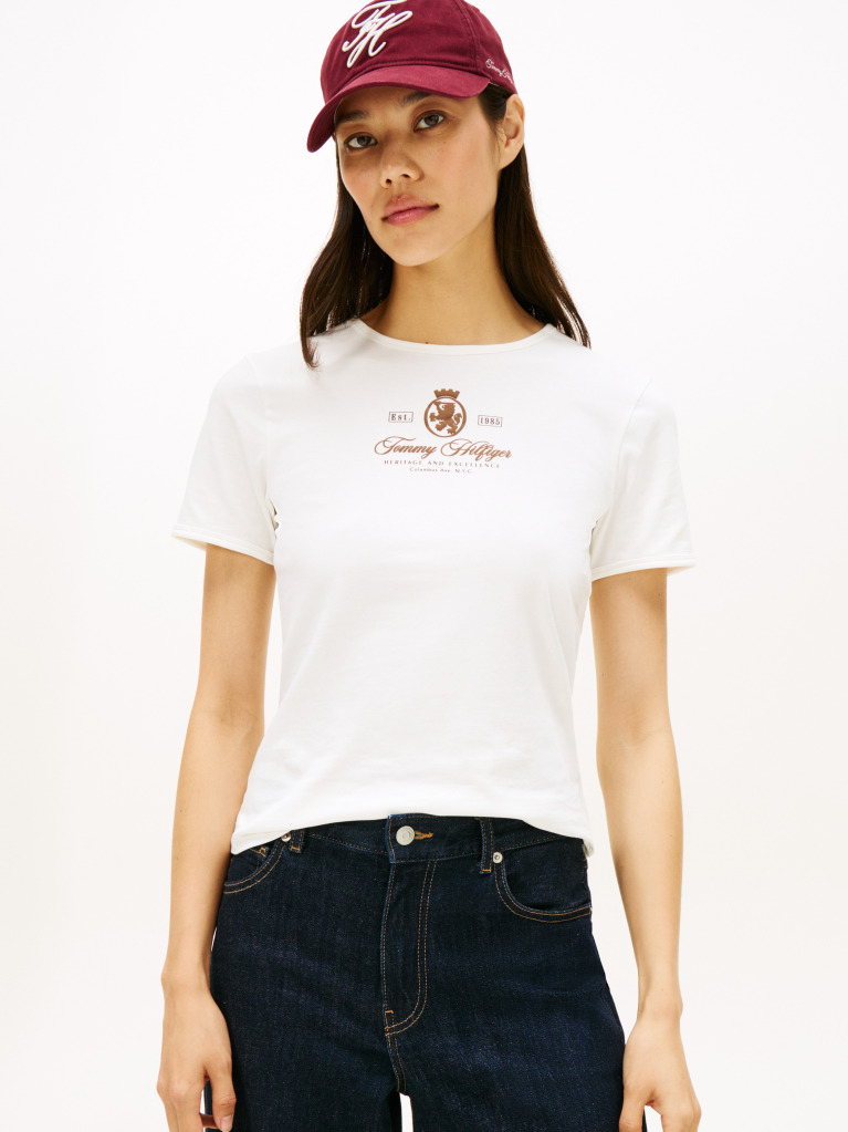 Bej Varsity Crest Slim Tricou Cu Maneca Scurta  Femei