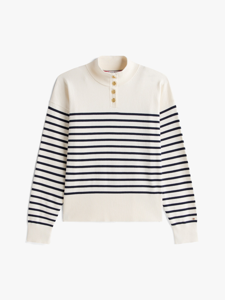 Multi Pulover Cu Guler Tip Mock Neck, Nasturi Si Dungi  Femei