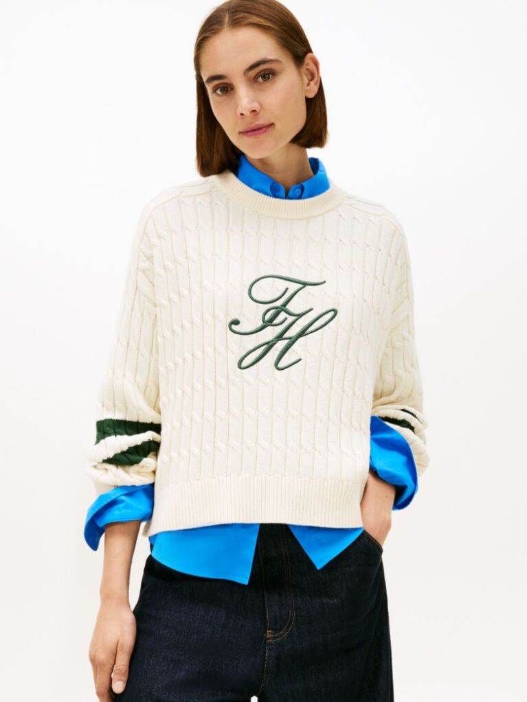 Bej Pulover Relaxat Din Tricot Cu Logo Brodat  Femei