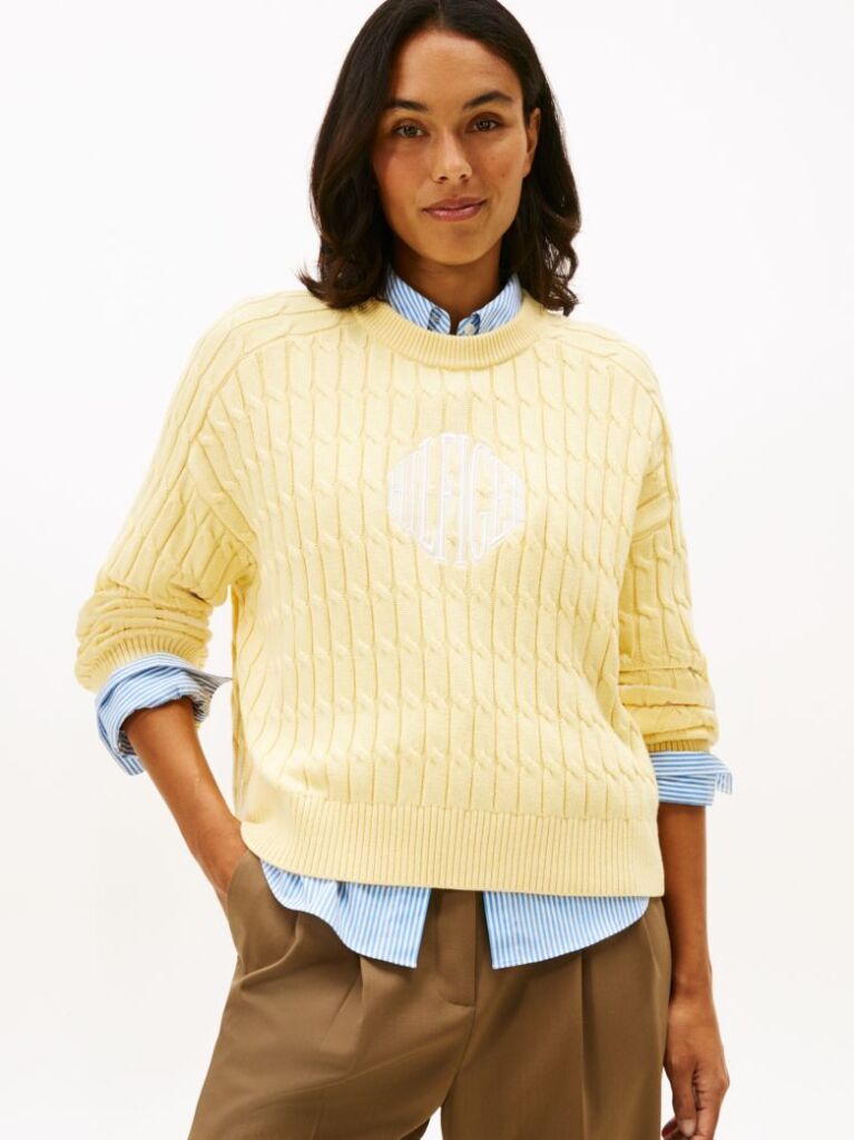 Galben Pulover Relaxat Din Tricot Cu Logo Brodat  Femei