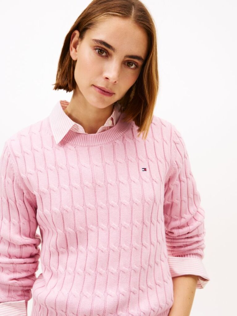 Roz Pulover Cu Guler Rotund Si Model Tricotat  Femei
