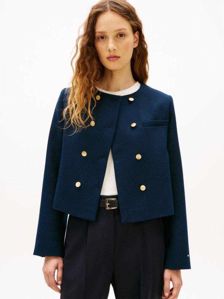 Blue Textured Wool Blend Double Breasted Jacket  Women