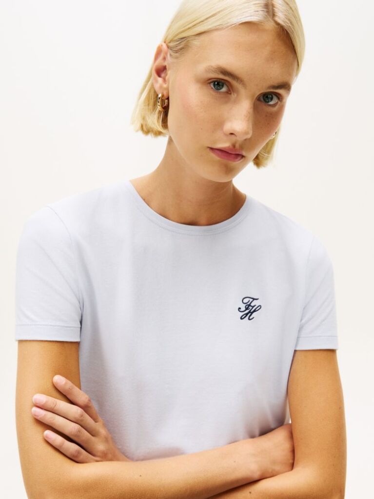 Blue T-Shirt Cu Guler Rotund Si Logo Brodat  Femei