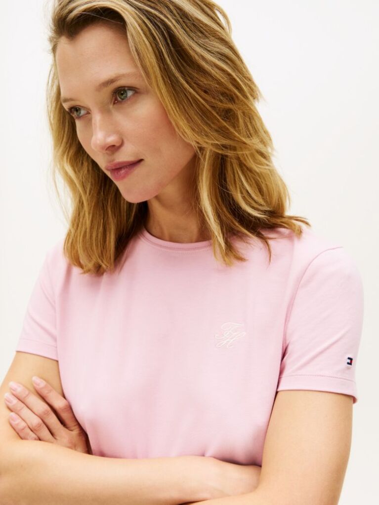 Roz T-Shirt Cu Guler Rotund Si Logo Brodat  Femei