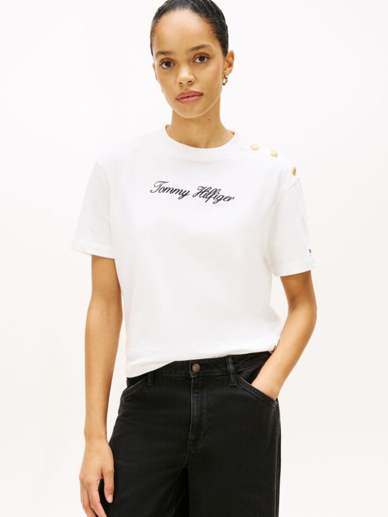 Bej T-Shirt Relaxat Cu Logo Brodat Si Nasturi Aurii  Femei
