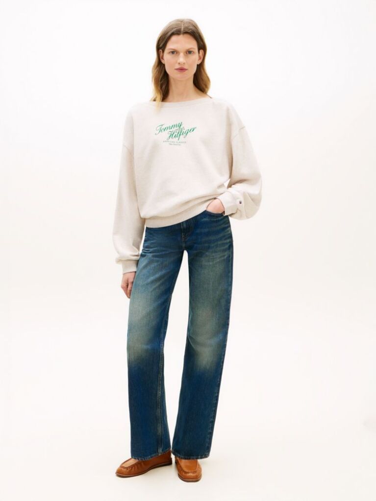 Bej Bluza De Trening Cu Logo Croiala Lejera Si Guler Boat  Femei
