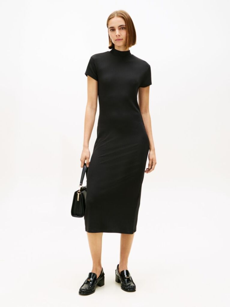 Negru Rochie Midi Mulata Ribbed Cu Croiala Slim Si Guler Mock  Femei