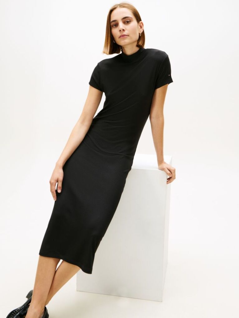 Negru Rochie Midi Mulata Ribbed Cu Croiala Slim Si Guler Mock  Femei