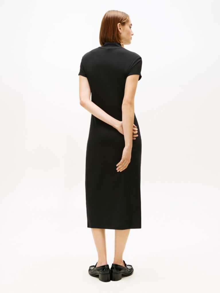 Negru Rochie Midi Mulata Ribbed Cu Croiala Slim Si Guler Mock  Femei